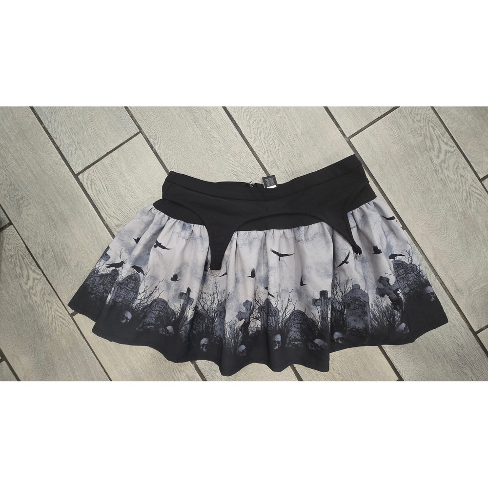 Thorn & Fable Graveyard Skulls Ravens Garter Mini Skirt Black Grey XL Mall Goth